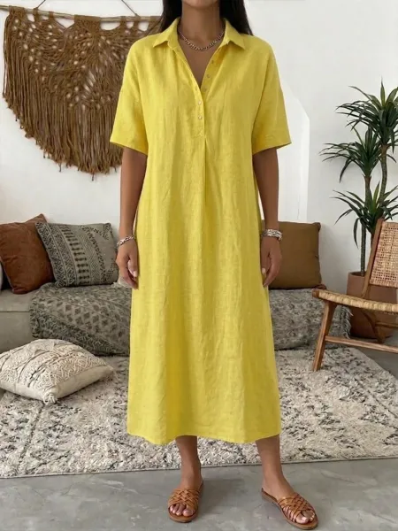 Design Linen Shirt Dress Beige Casual Dress - 12