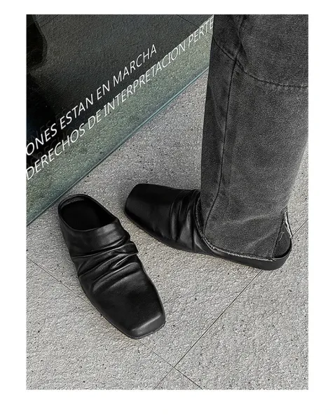 Design Square-Toe Leather Mule Black Shoes Slippers - 11