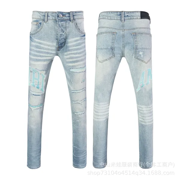Amiri Script Logo Distressed Slim Fit Jeans Blue - 11