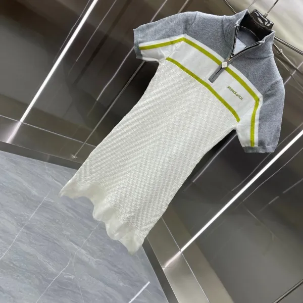 Design Teseolance Knit Dress with Half-Zip Collar in Gray, White, and Lime Green Dress - 5
