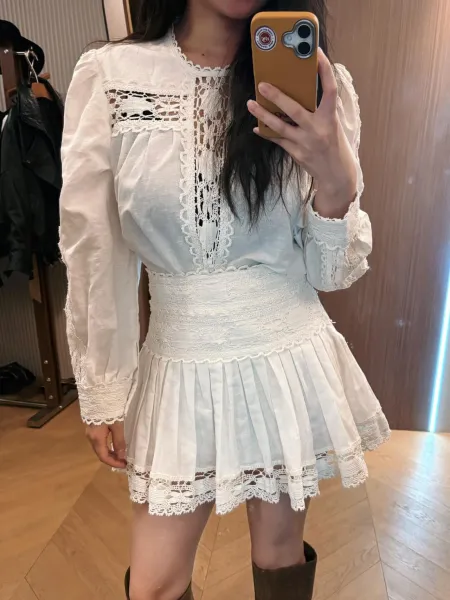 Design White Lace-Trimmed Blouse and Skirt Set Sets - 6