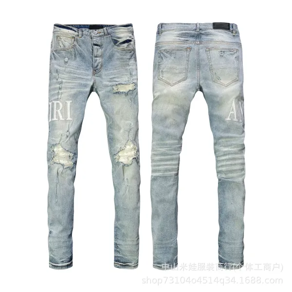 Amiri Script Logo Distressed Slim Fit Jeans Blue - 10