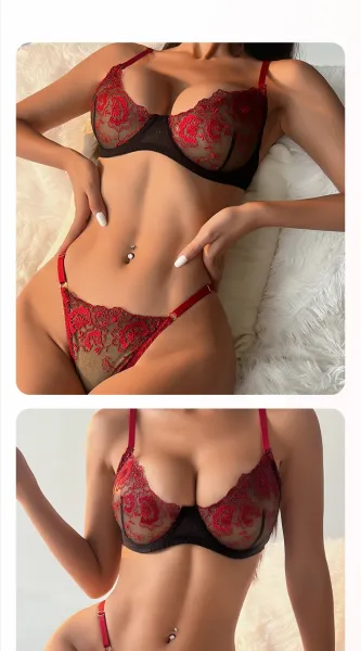 Design Elegant Lace Detailing Red and Black Floral Lace Bra and Thong Set Underwear - 4