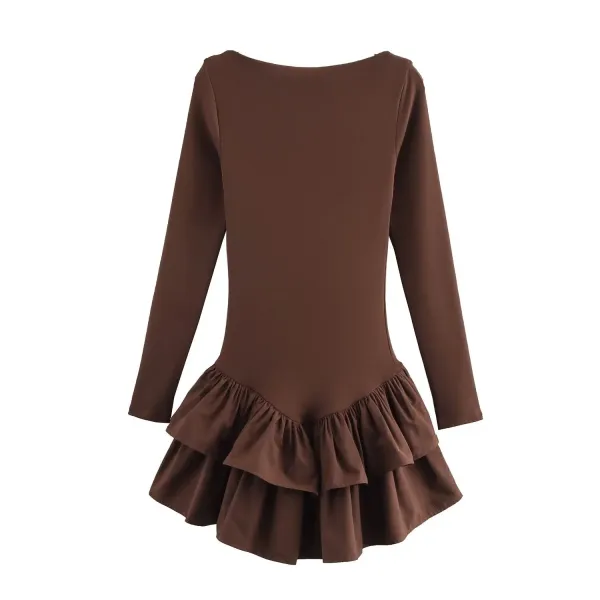 Design Ruffled Hem Long Sleeve Dress Red - 7