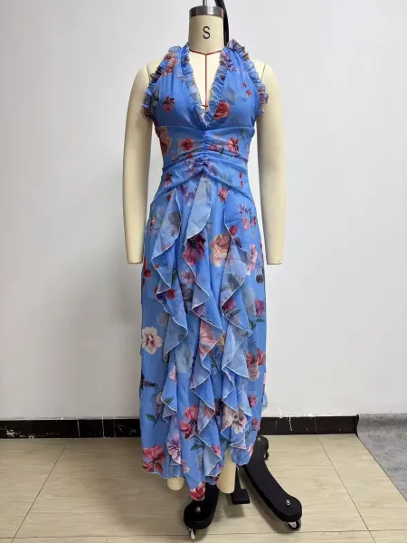 Design Floral Ruffle Halter Gown Lilac Pink Dress - 6