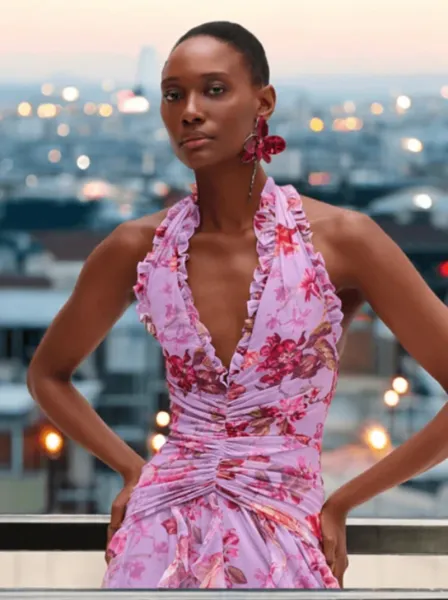 Design Floral Ruffle Halter Gown Lilac Pink Dress - 14