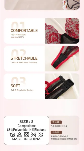 Design Elegant Lace Detailing Red and Black Floral Lace Bra and Thong Set Underwear - 11