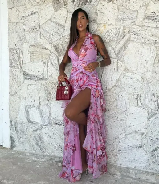 Design Floral Ruffle Halter Gown Lilac Pink Dress - 19