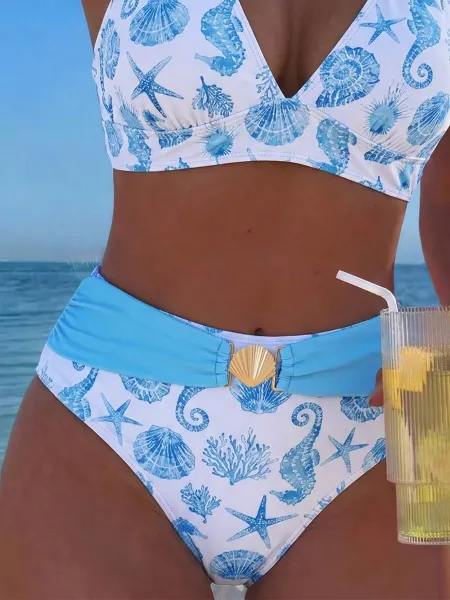 Design Sea Life Print Halter Neck Bikini Set with Shell Buckle Waistband Swimwear - 13