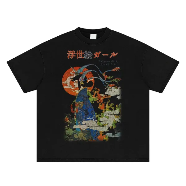 Design Ukiyo-e Girl Black T-Shirt - 1
