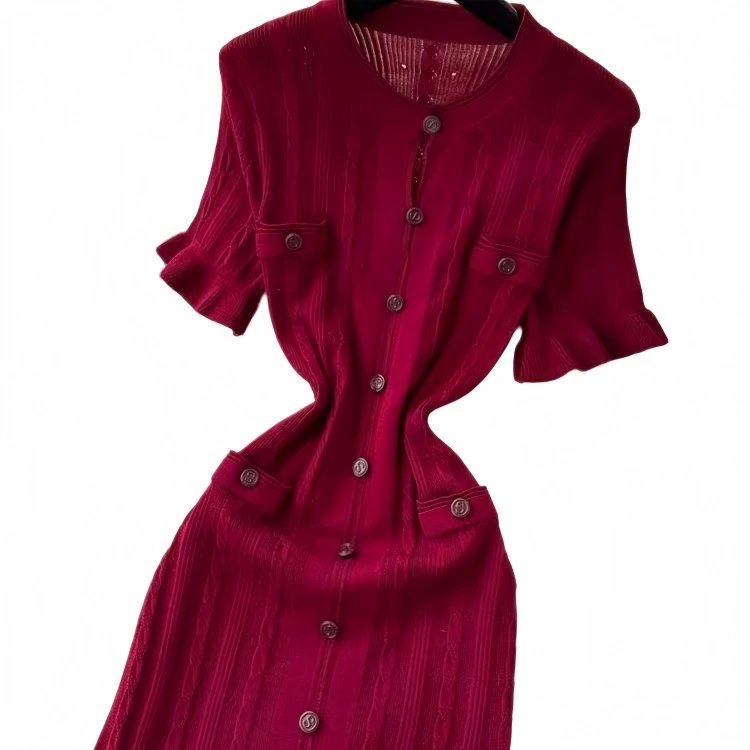 Design Knit Button-Front Midi Dress Burgundy - 30