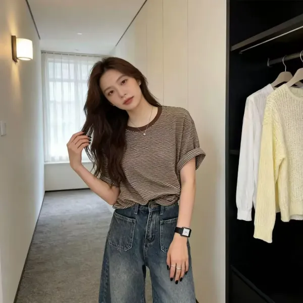 Design Striped Relaxed Fit T-Shirt Brown Beige T-Shirt - 15
