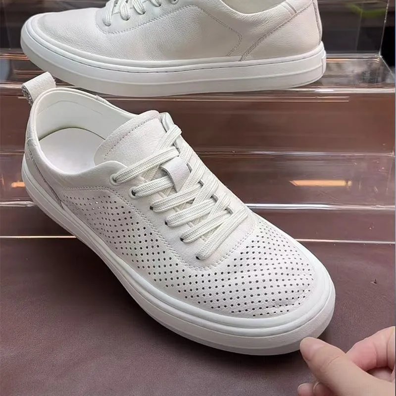 Design Perforated Leather Low-Top White Sneakers - 5