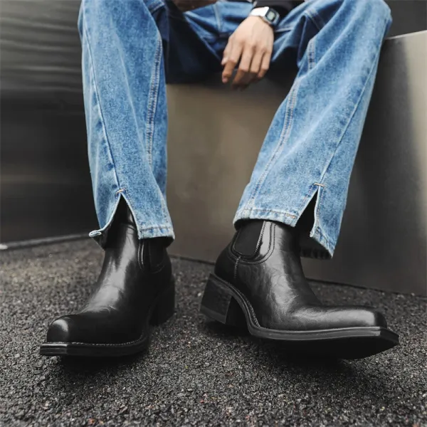 Design Chelsea Boots Black Leather Chunky Heel Boots - 1