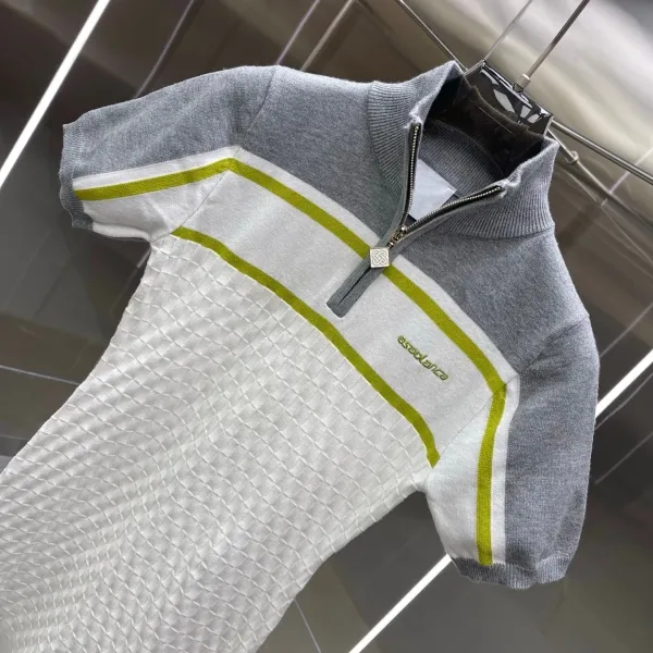 Design Teseolance Knit Dress with Half-Zip Collar in Gray, White, and Lime Green Dress - 3