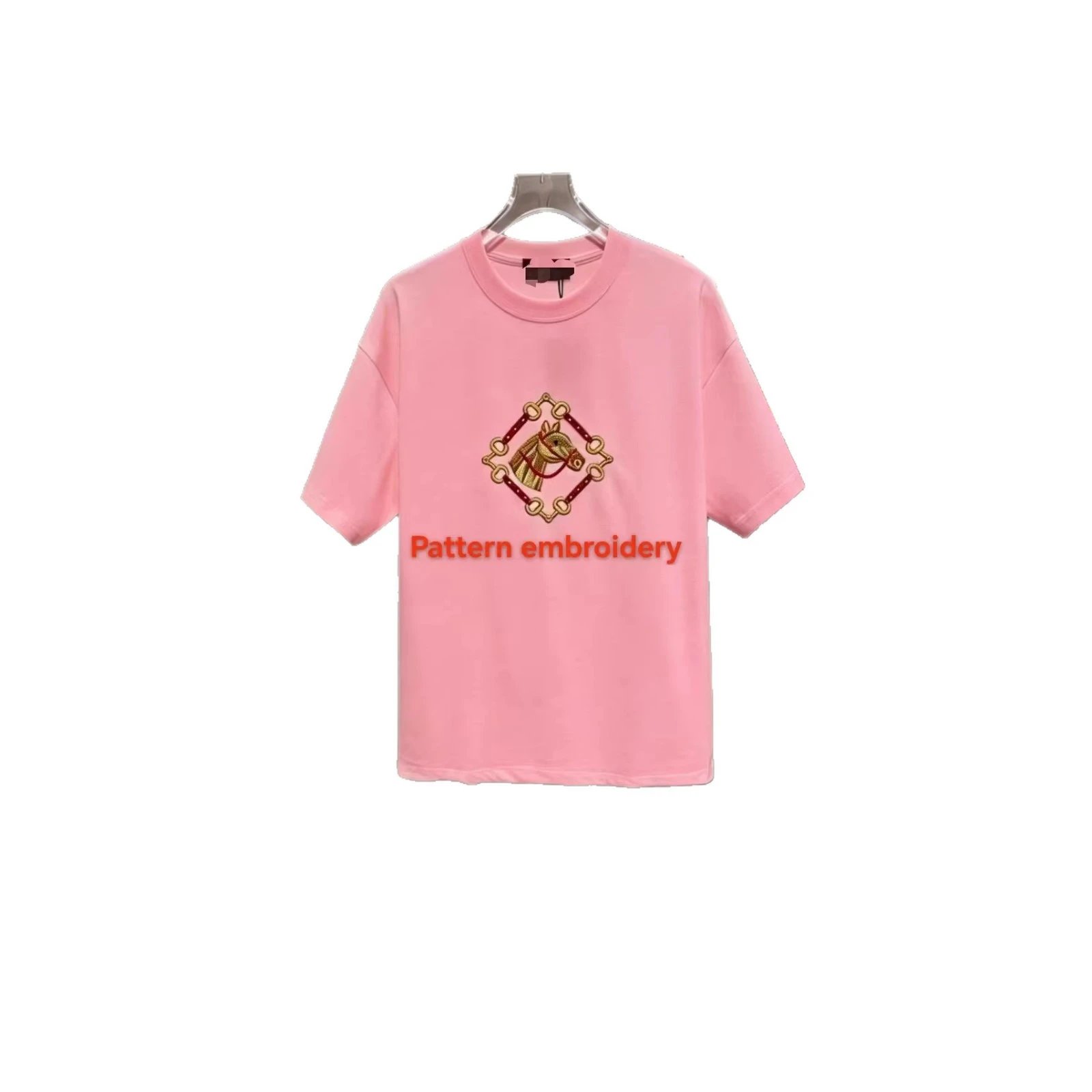 Pink Horse Motif Embroidered Graphic T-Shirt