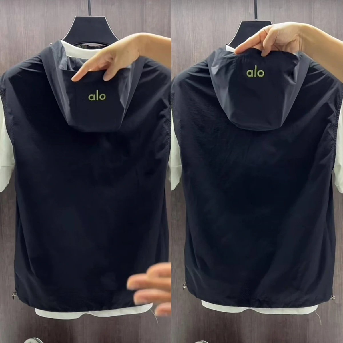 Alo Hooded Vest Navy Green Logo Lightweight Outdoor Vest