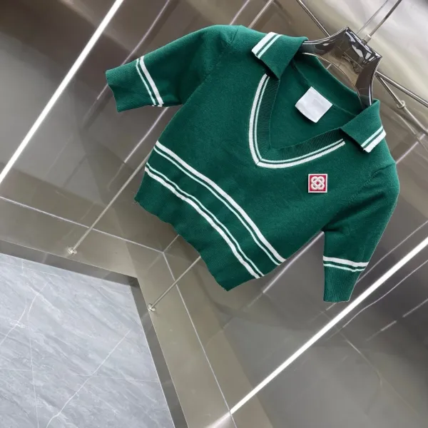 Design Knit Tennis Set Green with White Stripes and Embroidered Logo Skirt and Polo Top - 5