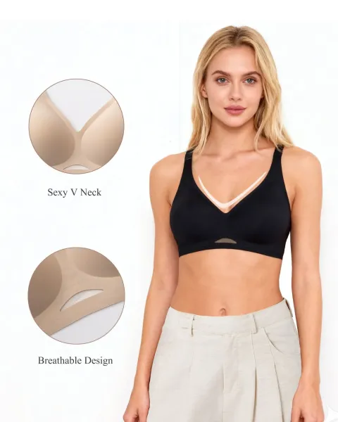 Design Seamless V-Neck Mesh-Panel Bralette Taupe Activewear - 11