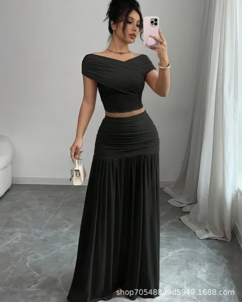Design Off-Shoulder Draped Crop Top and Pleated Maxi Skirt Set Beige - 7