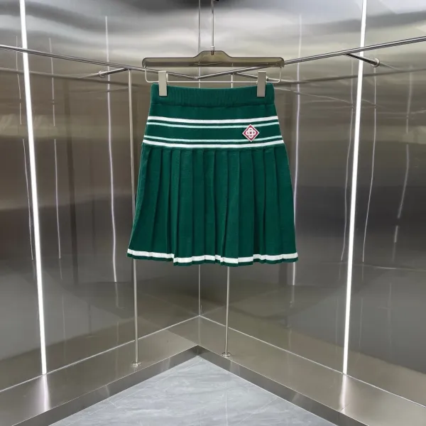 Design Knit Tennis Set Green with White Stripes and Embroidered Logo Skirt and Polo Top - 7