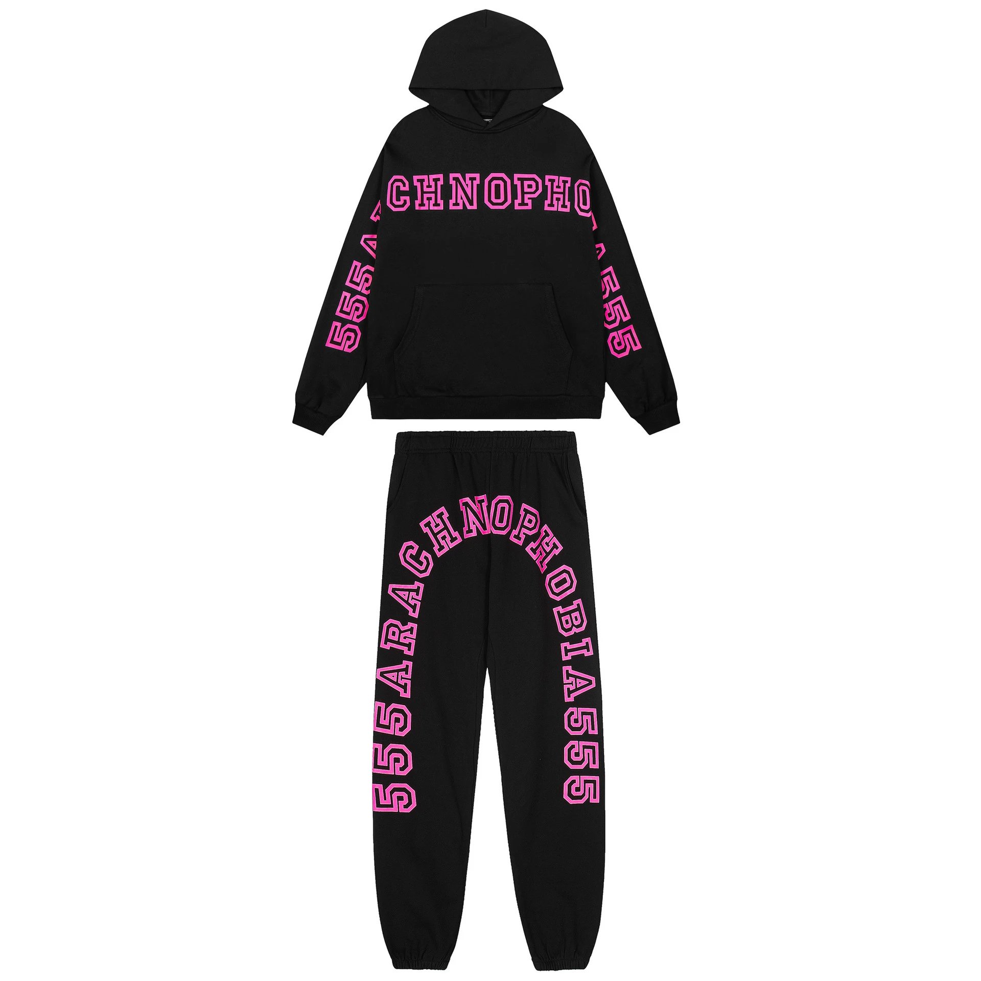 Black Hooded Sweatshirt and Jogger Set with Pink Embroidered Text