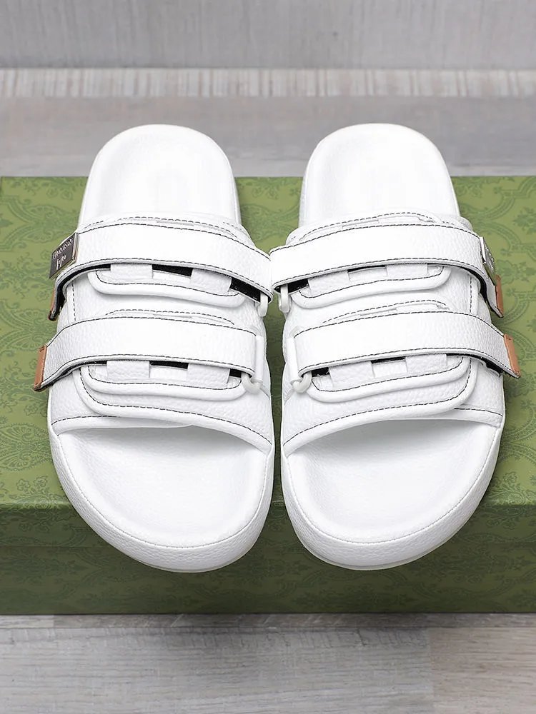 Design Slide Sandal White Leather Strap Slippers - 3