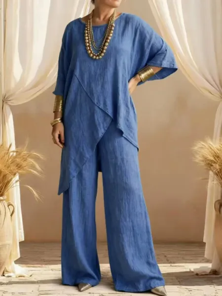 Design Linen Asymmetrical Tunic Top and Wide-Leg Pants Set Beige - 3