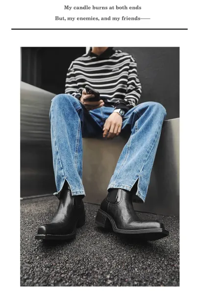 Design Chelsea Boots Black Leather Chunky Heel Boots - 3