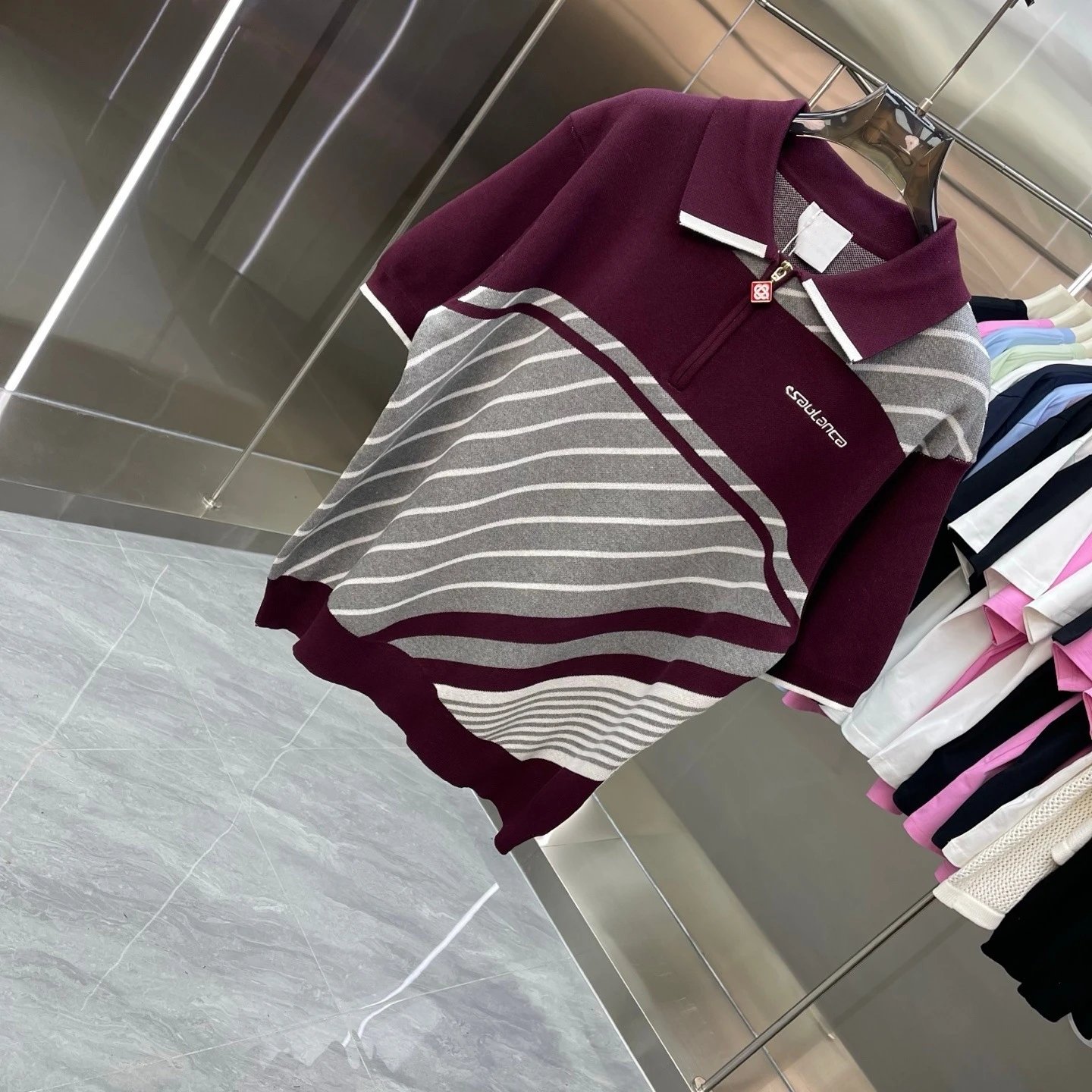 Casablanca Half-Zip Polo Burgundy Gray Striped Knit Polo Polo Shirt - 6