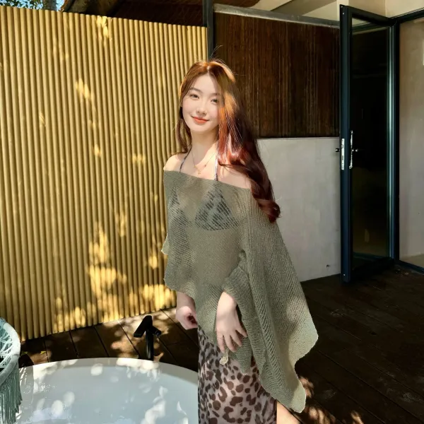 Design Olive Knit Poncho Top with Leopard Print Skirt Set Sets - 8