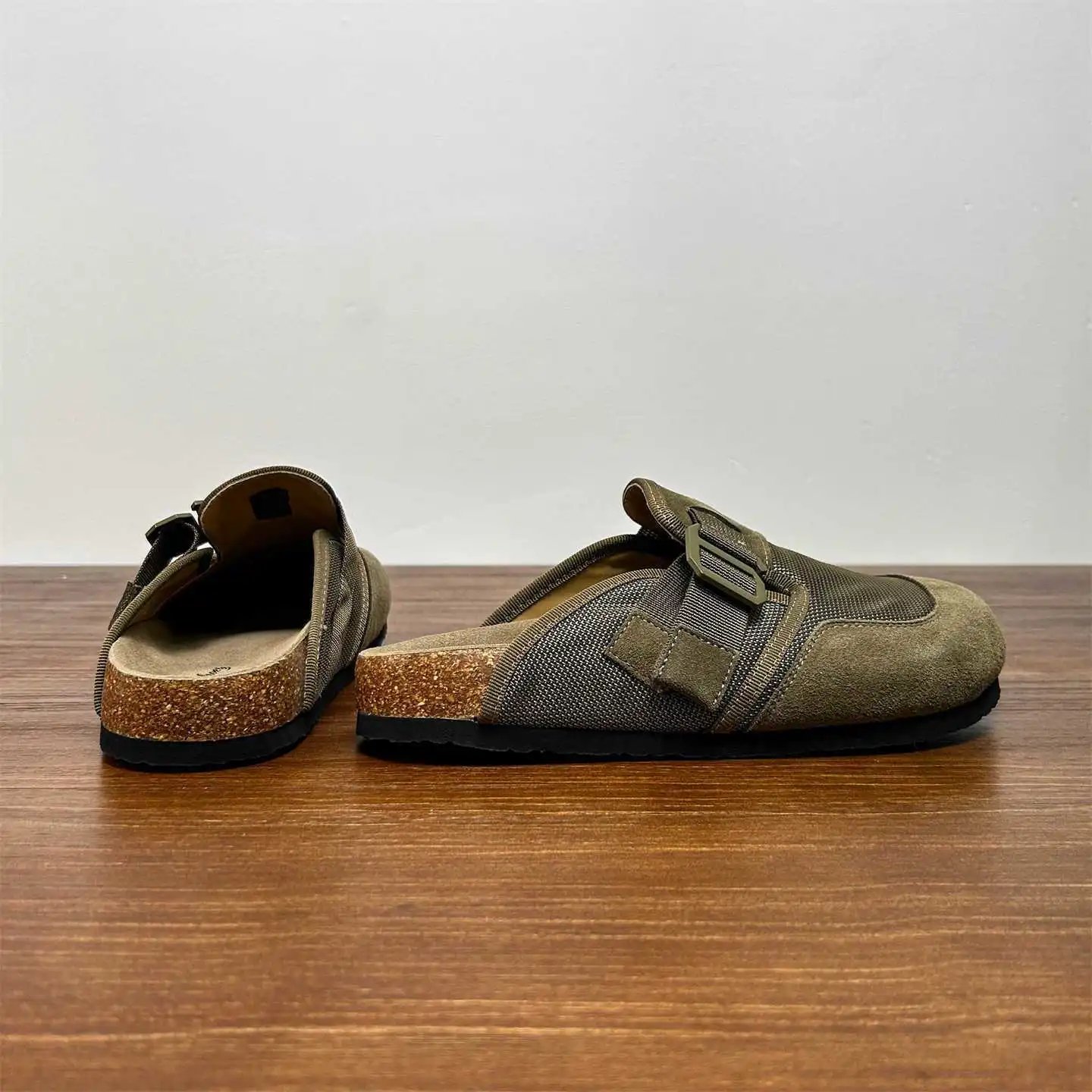 Olive Green Suede Mesh Buckle Slide Sandals