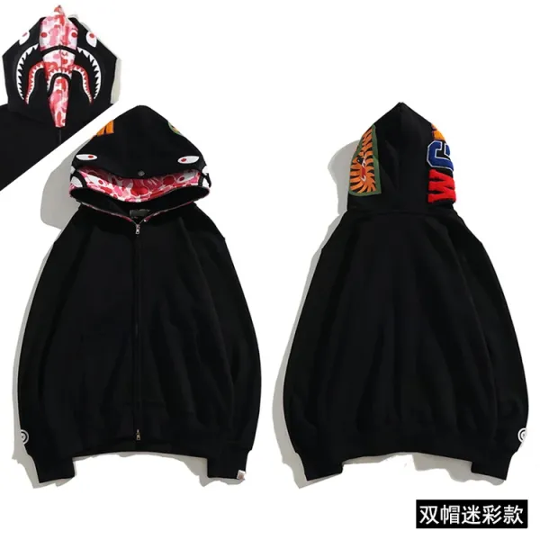 A Bathing Ape Shark Hoodie Black Multicolor Double Hood Zip-Up Hoodie - 1