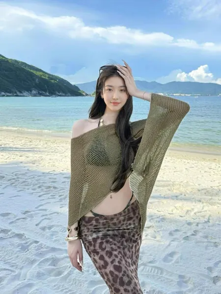 Design Olive Knit Poncho Top with Leopard Print Skirt Set Sets - 9