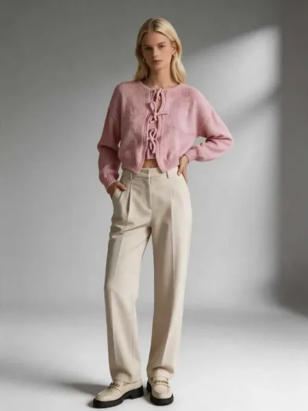 Design Lace-Up Knit Cardigan White + Beige Wide-Leg Pants Set - 4