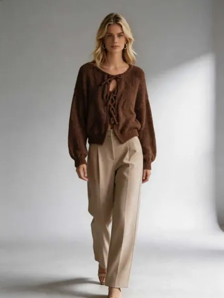 Design Lace-Up Knit Cardigan White + Beige Wide-Leg Pants Set - 6