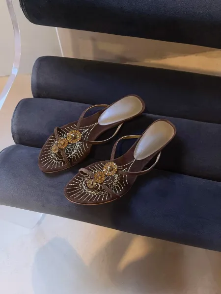 Design Embellished Suede Thong Sandals in Dusty Gray - 13