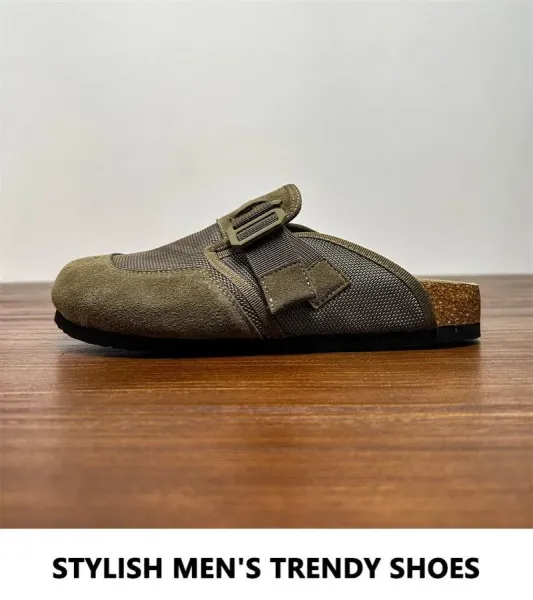 Design Buckle Strap Mule in Army Green Mesh and Suede Slippers - 2