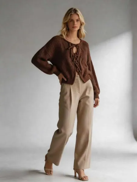 Design Lace-Up Knit Cardigan White + Beige Wide-Leg Pants Set - 10