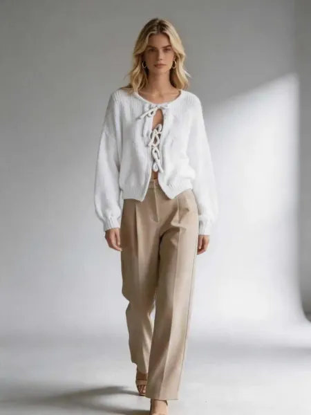 Design Lace-Up Knit Cardigan White + Beige Wide-Leg Pants Set - 12