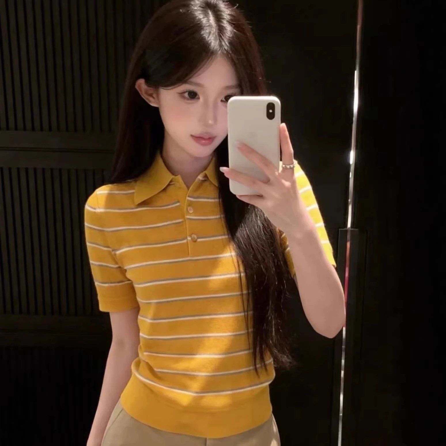 Yellow Striped Knit Polo Shirt Yellow White Casual