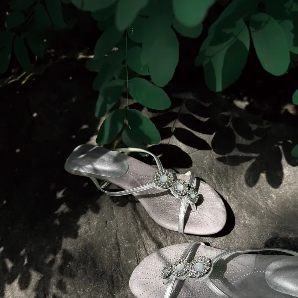 Design Embellished Suede Thong Sandals in Dusty Gray - 17