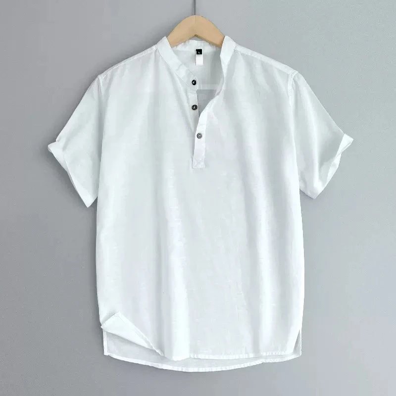 Linen Short Sleeve Beige Mandarin Collar Shirt