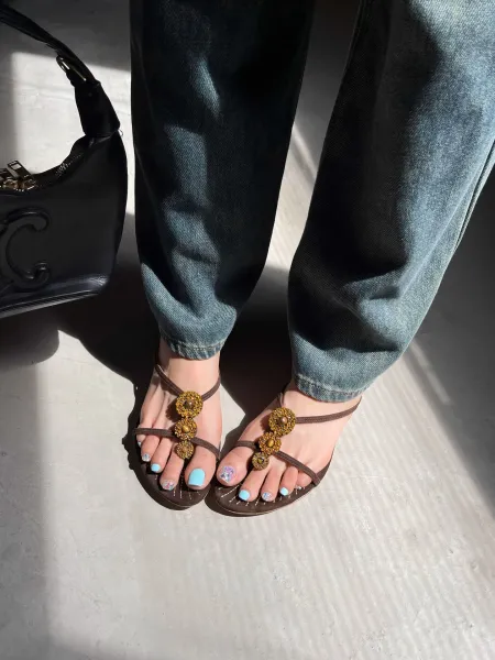 Design Embellished Suede Thong Sandals in Dusty Gray - 21