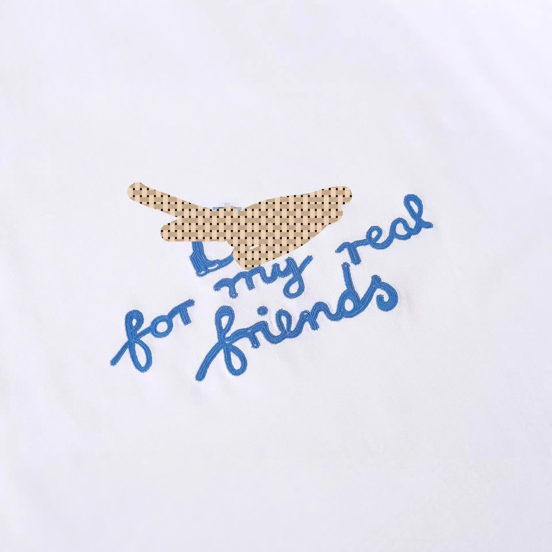 White Cotton T-Shirt with Blue Script and Red Embroidery Graphic Tee