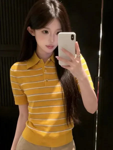 Design Striped Yellow Polo Shirt Tops Polo - 1