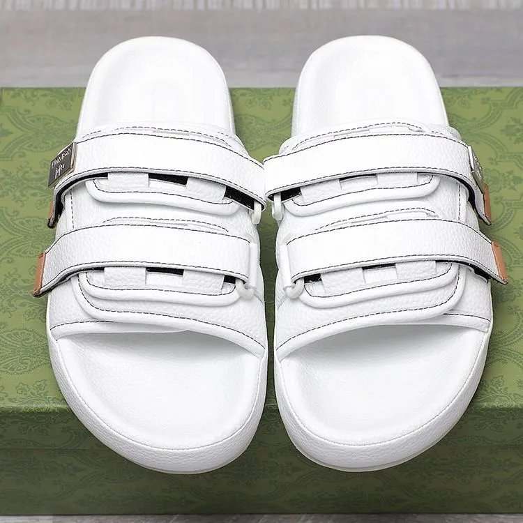 White Leather Double Strap Slide Sandals