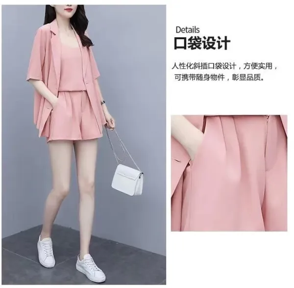 Design Pink Three-Piece Set with Blazer, Tank Top and Shorts - 11