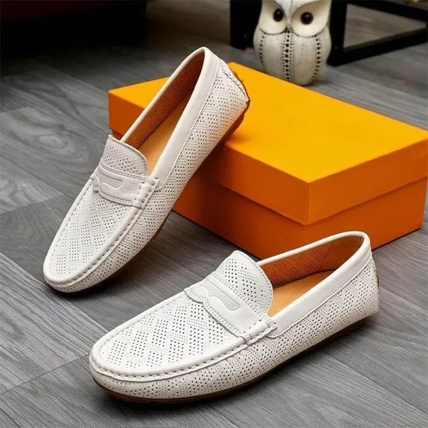 Design Perforated Penny Loafers White Casual Shoes - 7