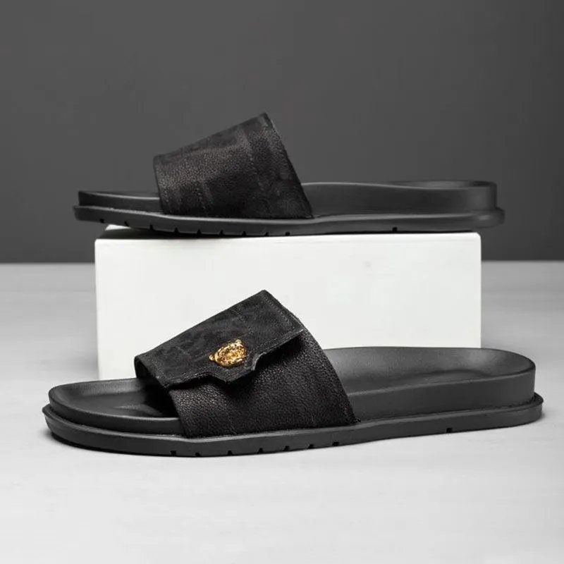 Black Suede Slide Sandals with Gold Lion Head Embellishment